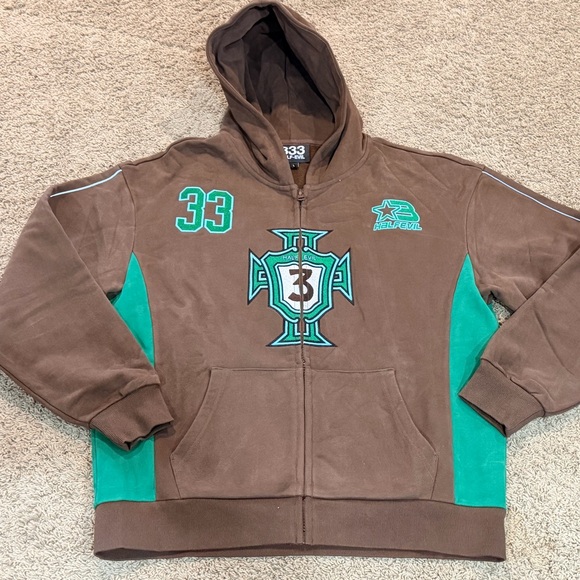 🔥Half Evil 333 Full Zip Hoodie Brown Embroidered Logo Size Large Rare NWT - Picture 3 of 6